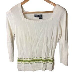 Finity White Green Detail 3/4 Sleeve Pullover Stretch Top Sz S